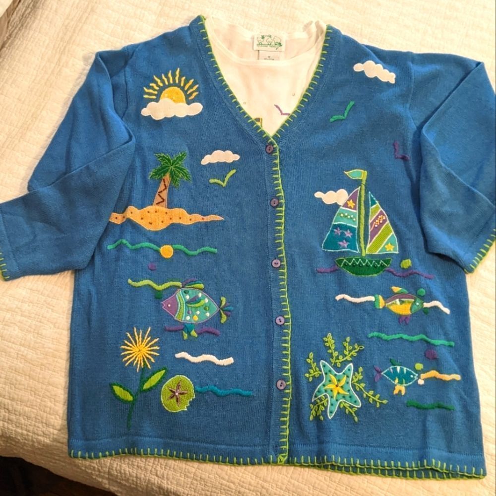 Quacker Factory Sweater and T-shirt Set 1X Blue Fish Sailboat Beach Theme